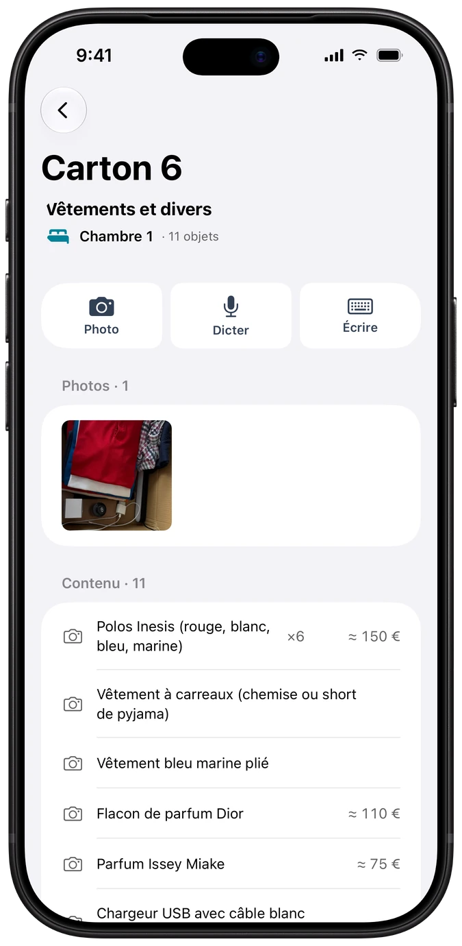 Kartö : la fiche du carton 6, Chambre 1, avec sa photo et les 11 objets reconnus, dont un chargeur USB, et leur valeur estimée.