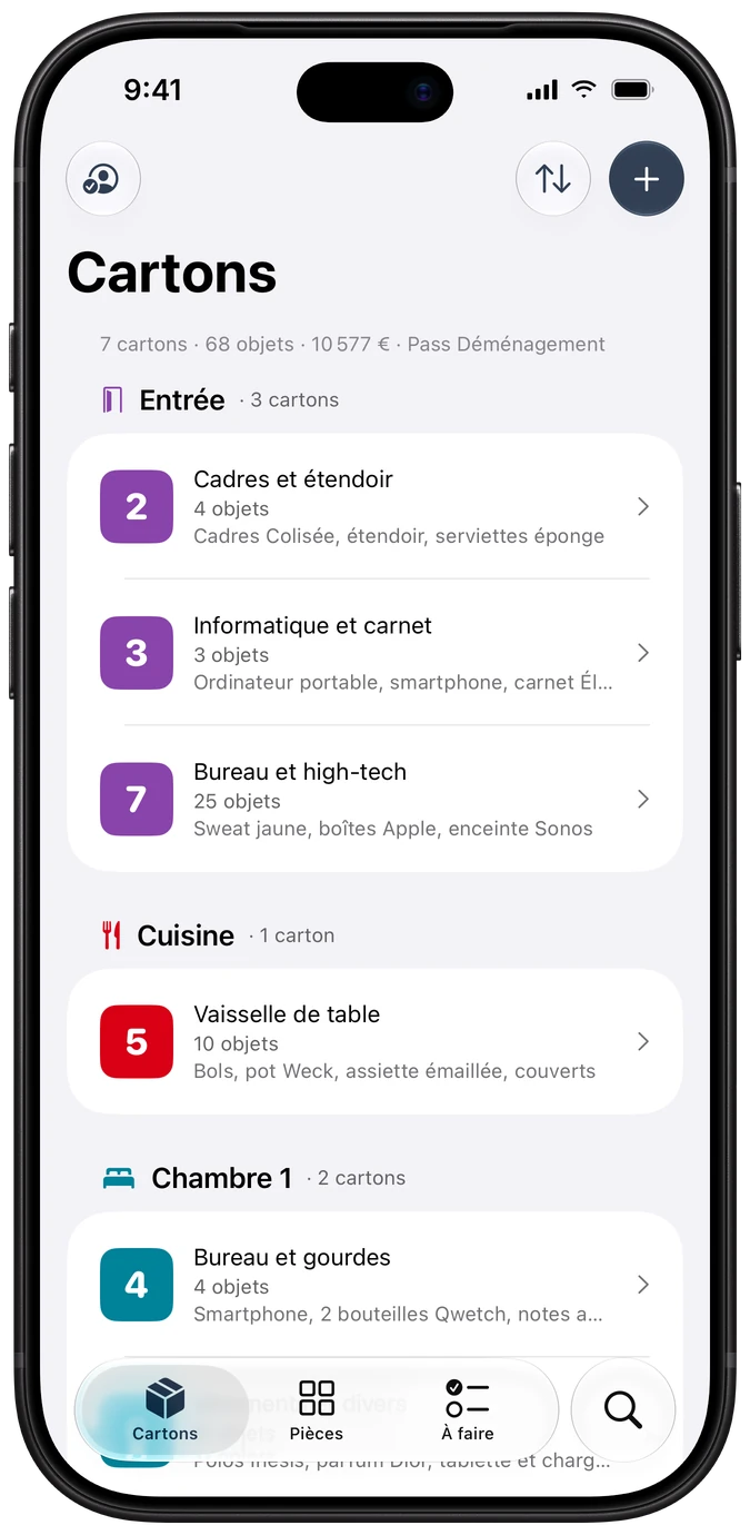 Kartö : la liste des cartons rangés par pièce, avec le nombre d’objets et la valeur totale.