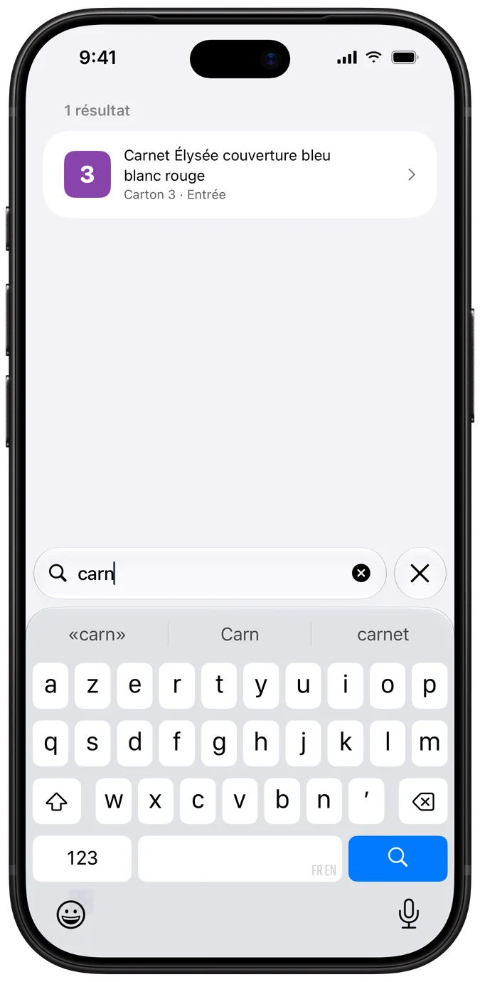 Kartö : la recherche « carn » trouve le carnet Élysée, dans le carton 3, pièce Entrée.