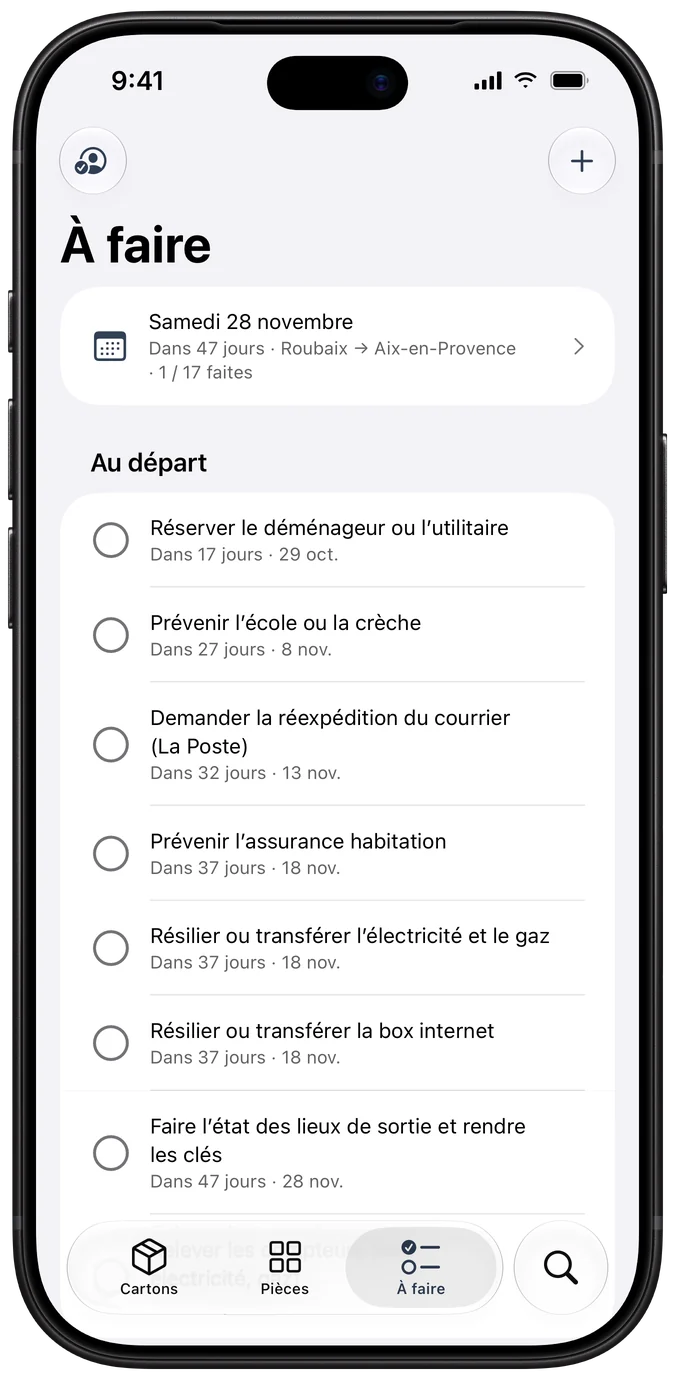 Kartö : la liste À faire du déménagement, avec la date, le trajet et les démarches datées : déménageur, école, courrier, assurance, énergie, box internet, état des lieux.