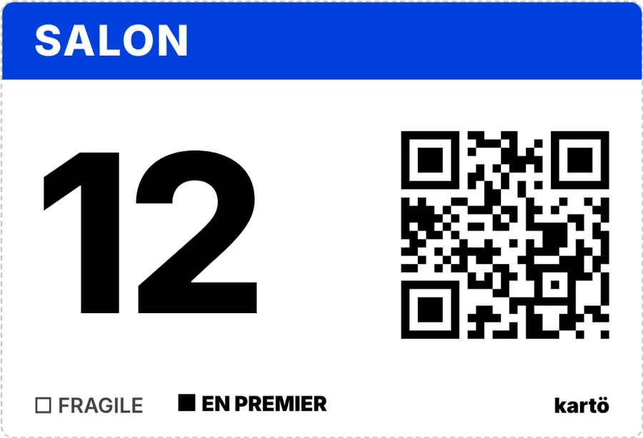 Étiquette Kartö du carton 12 : bandeau Salon, grand numéro, QR code, case En premier cochée.